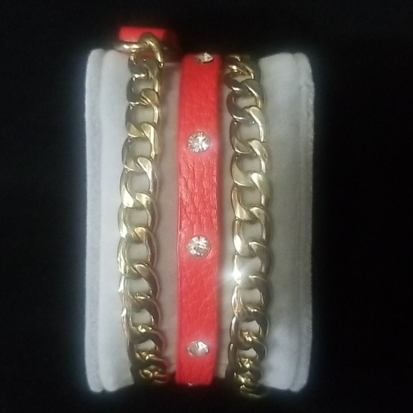 Jewelry - Red & Gold Leather Chain Wrap Bracelet